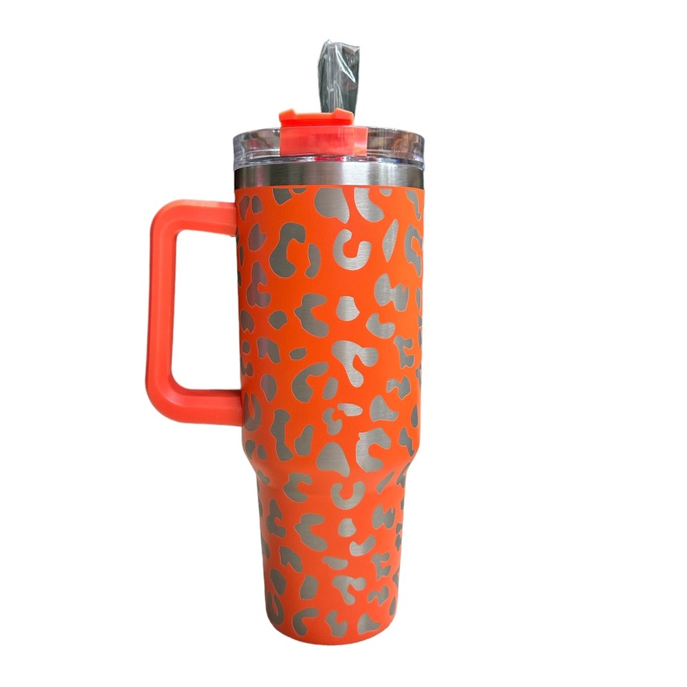 Orange Leopard Print Tumbler with Handle